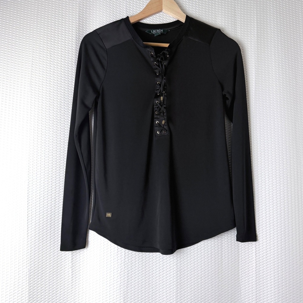 Lauren Ralph Lauren Top Women XS Black Lace Up Satin Trim Long Sleeve Equestrian